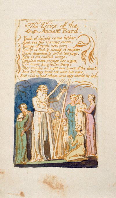 “古代吟游诗人的声音”，来自“纯真和经验之歌”的第16页，在William Blake（1757-1827）c.1808之后（用笔和棕色墨水写成） 作者 英语学校